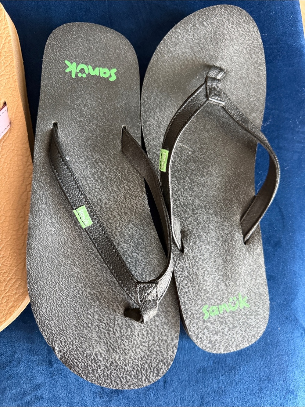 Sanuk Flip Flops in Tan with Purple Straps and Black with Green Logo - Picture 4 of 4